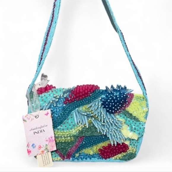 🔥MADE IN INDIA: Vibrant Blue & Green MULTICOLOR Beaded Bag with Bold Pattern🔥NWT - Picture 1 of 14